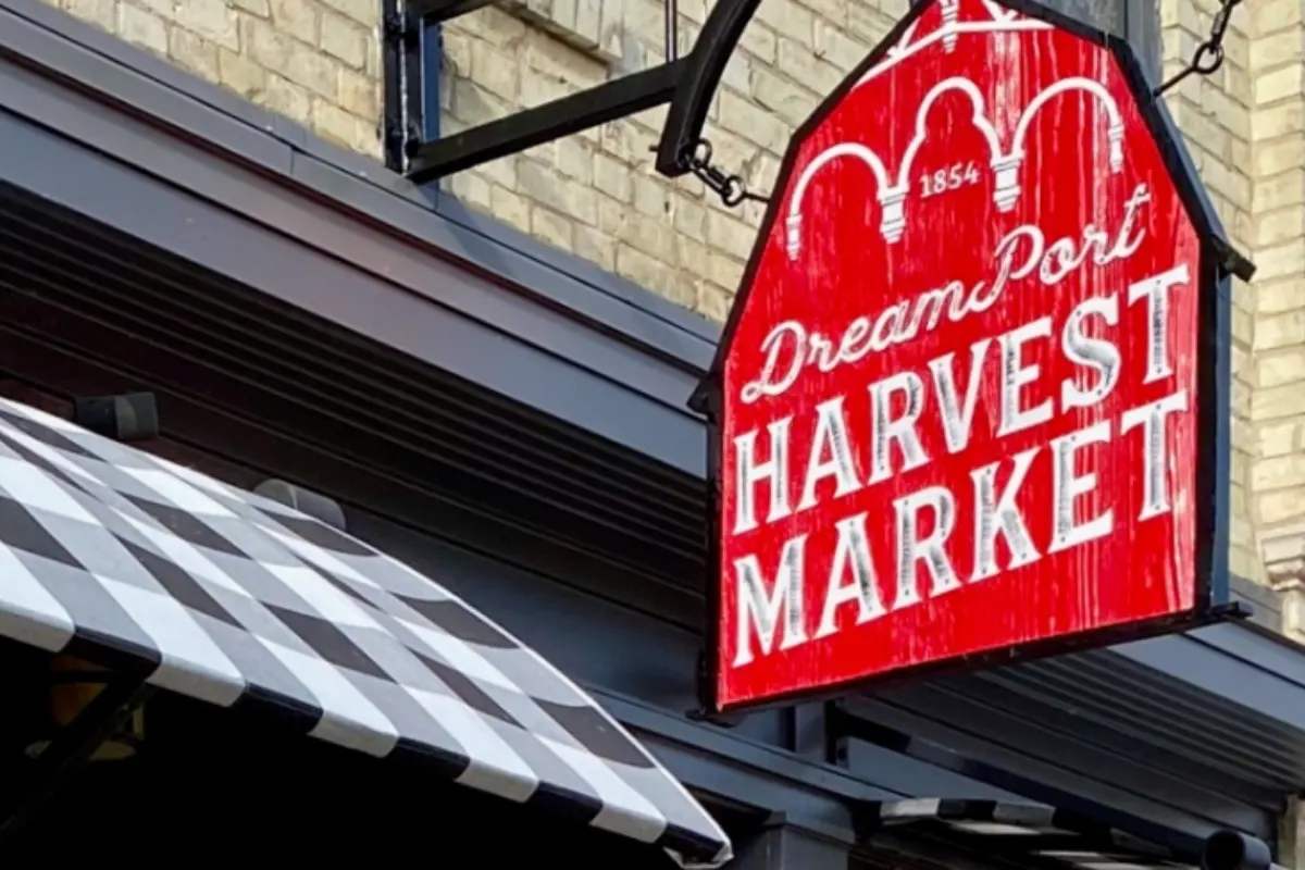 Dream Port Harvest Market sign in downtown Port Washington, WI